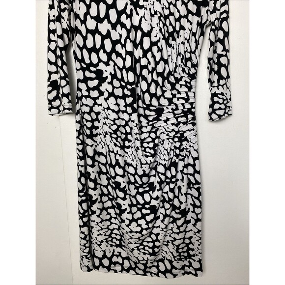 Calvin Klein Sheath Dress Size 12 Black White Animal Print Ruched 3/4 Sleeve - Picture 4 of 13